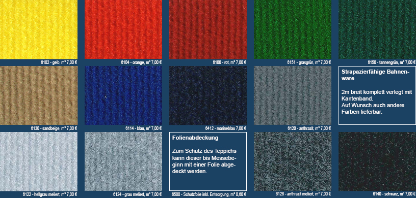 Ripsteppichboden farbig mieten Messestand Ripsteppiche farbig